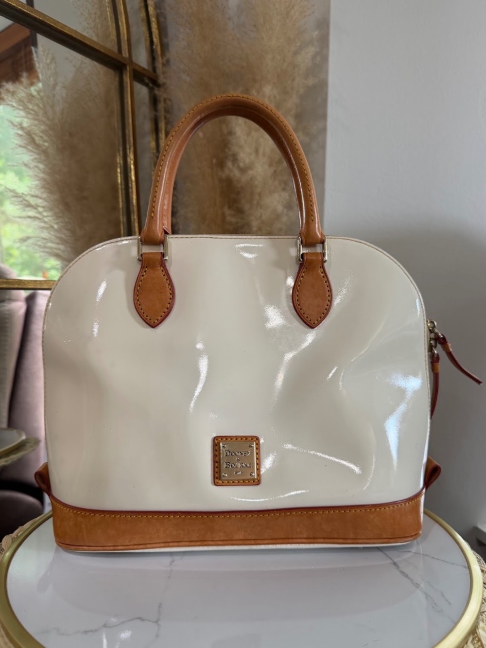 Dooney Bourke Pearl White Patent Leather Tan Trim Satchel Handbag Top Handle Bag